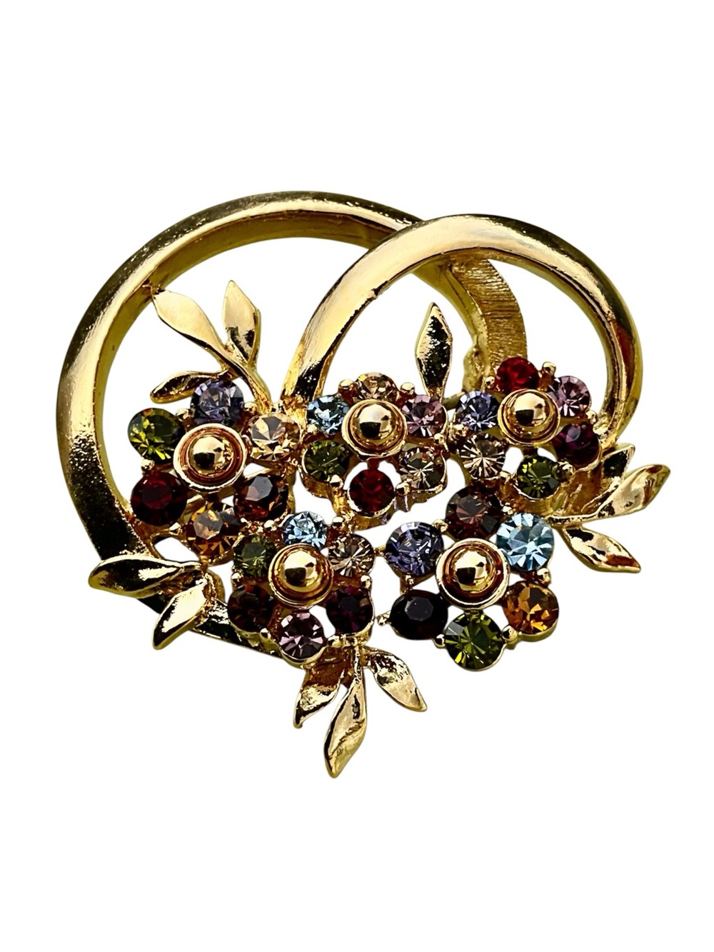 Vintage Gold Tone Multicolor Rhinestone Flower Bouquet Brooch Swirl Pin